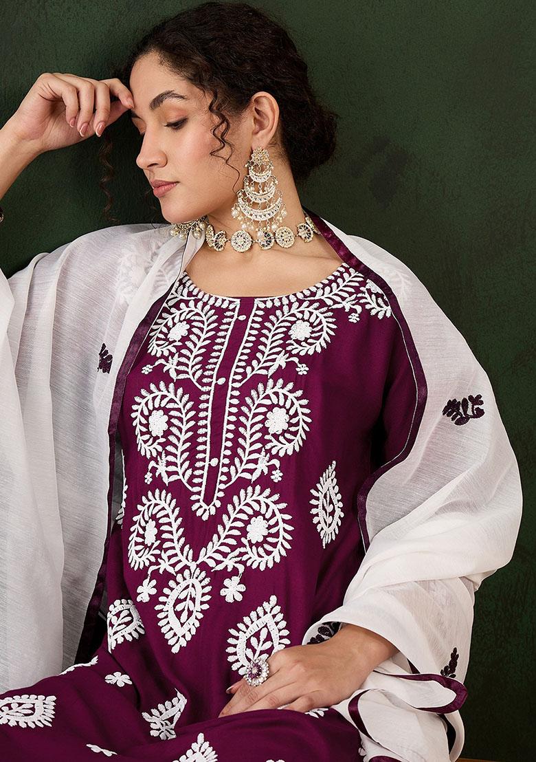 Purple Embroidered Rayon Kurta Set