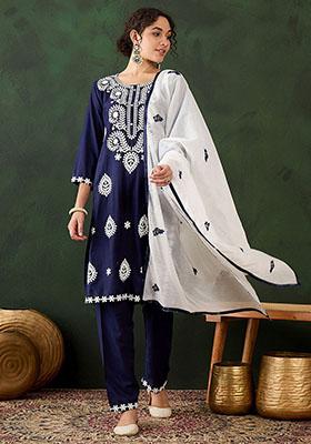Blue Embroidered Rayon Kurta Set