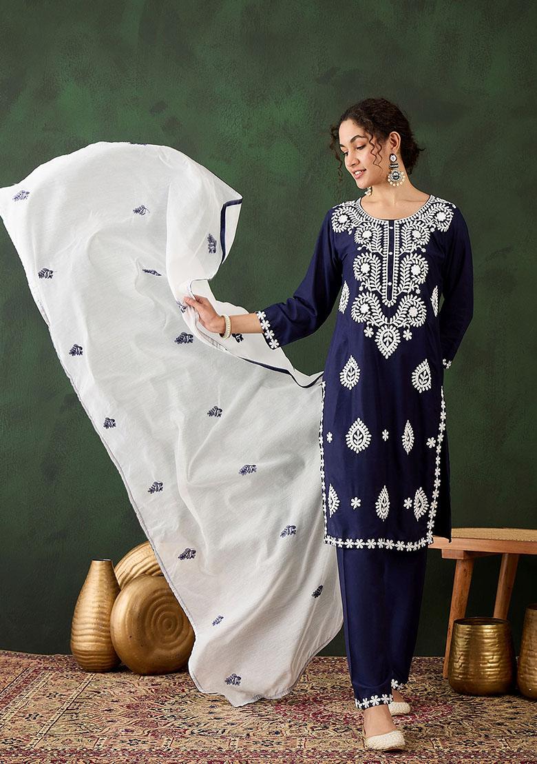 Blue Embroidered Rayon Kurta Set