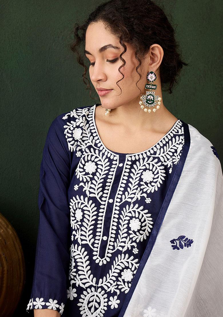 Blue Embroidered Rayon Kurta Set