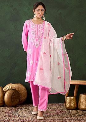 Pink Embroidered Rayon Kurta Set