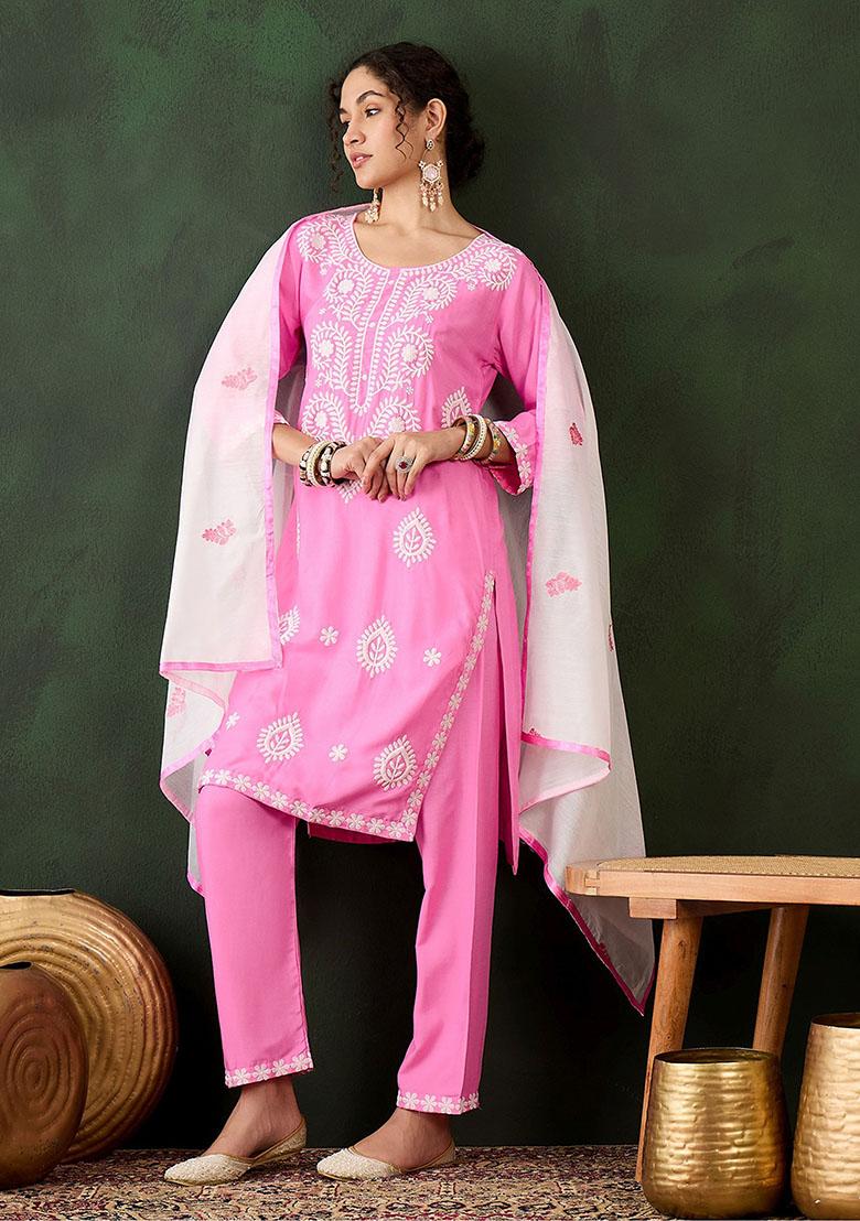 Pink Embroidered Rayon Kurta Set