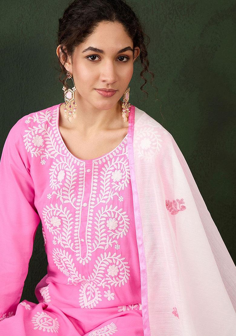 Pink Embroidered Rayon Kurta Set