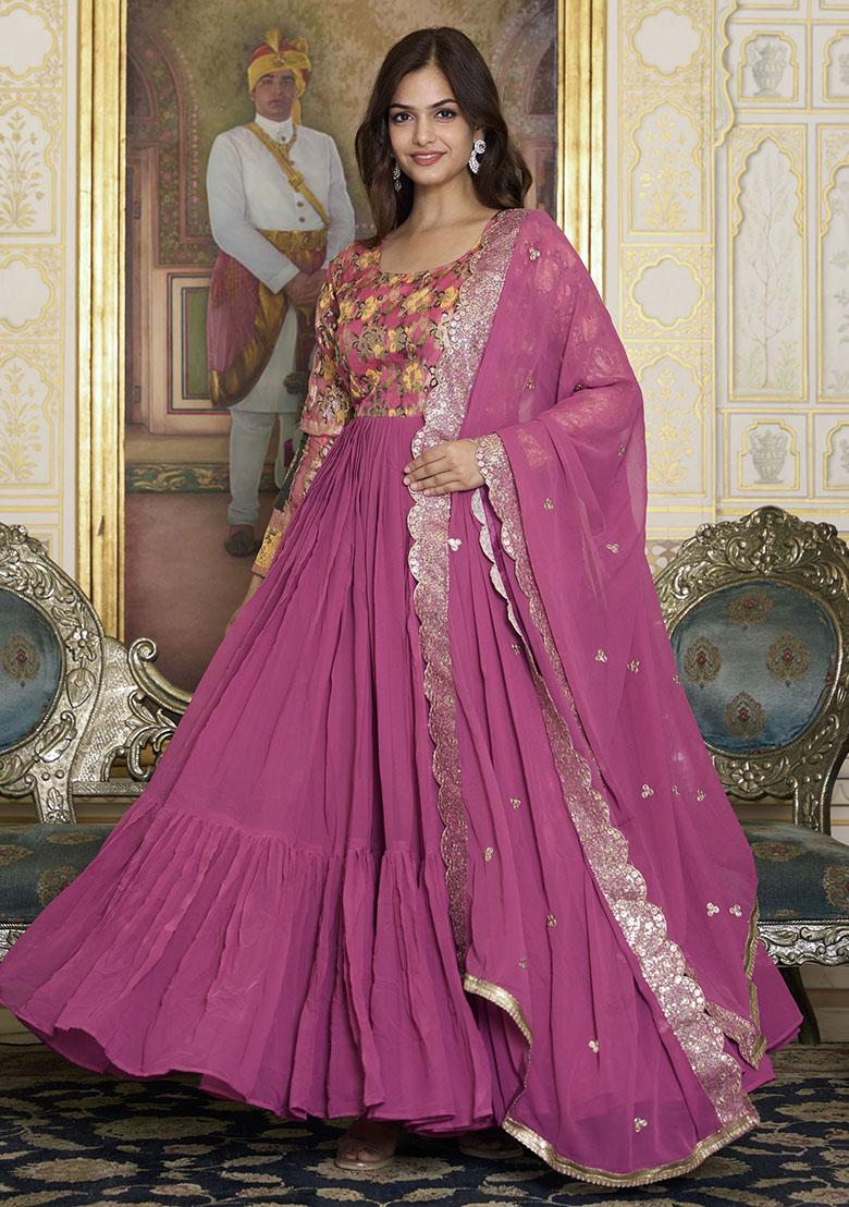 Pink Zari Weaving Georgette Anarkali Set