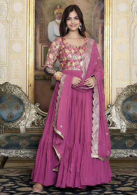 Pink Zari Weaving Georgette Anarkali Set