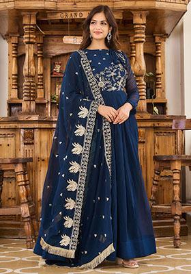 Blue Embroidered Georgette Anarkali Set