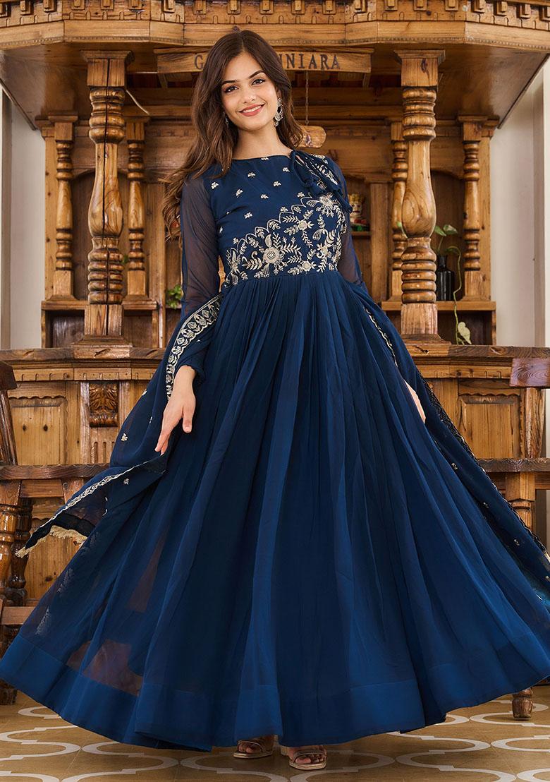 Blue Embroidered Georgette Anarkali Set