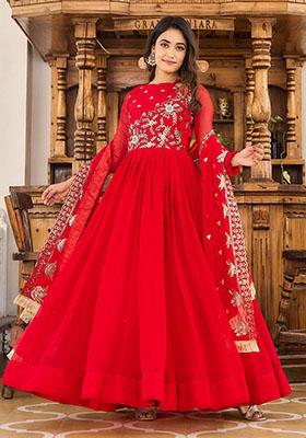 Red Embroidered Georgette Anarkali Set