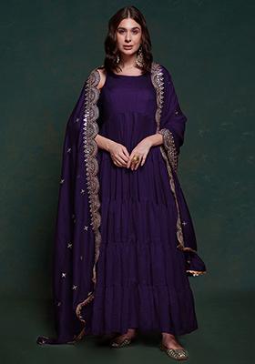 Purple Embroidered Silk Anarkali Set