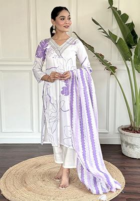 White Printed Rayon Kurta Set