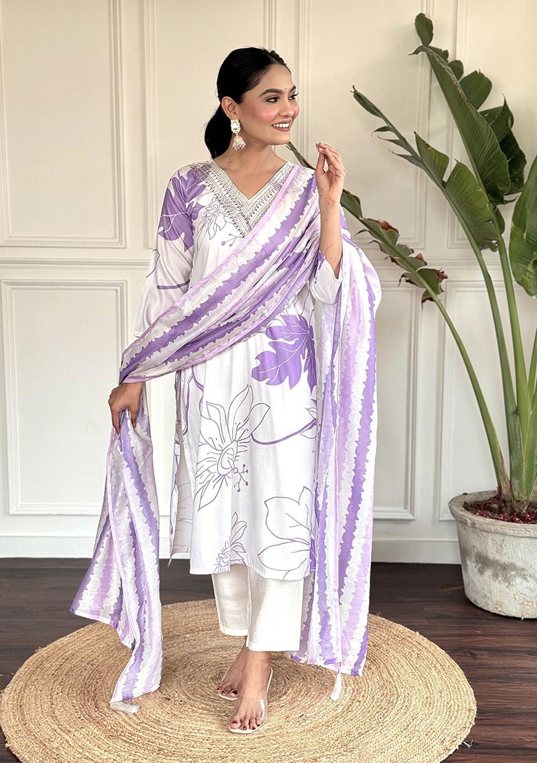 White Printed Rayon Kurta Set