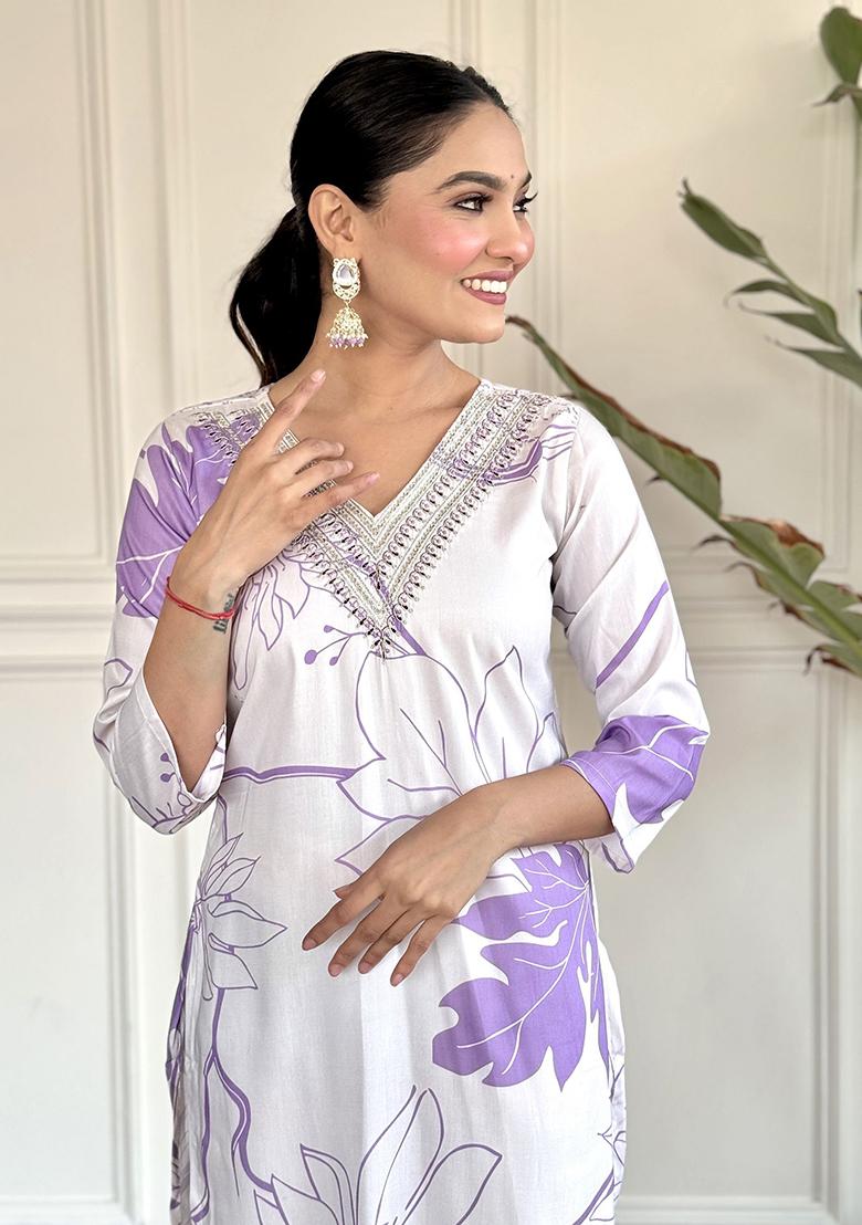 White Printed Rayon Kurta Set