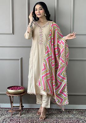 Beige Embroidered Silk Kurta Set