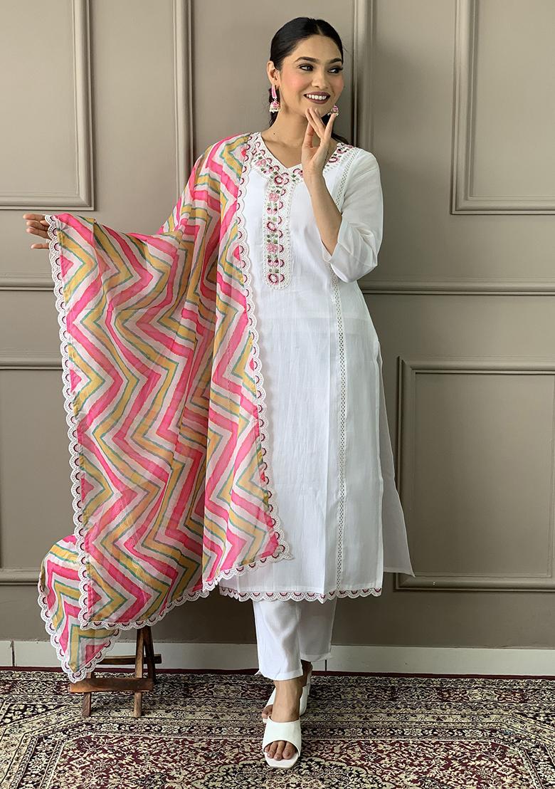 White Embroidered Silk Kurta Set