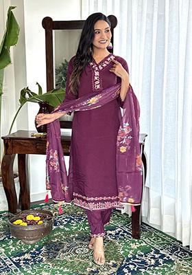 Purple Embroidered Silk Kurta Set