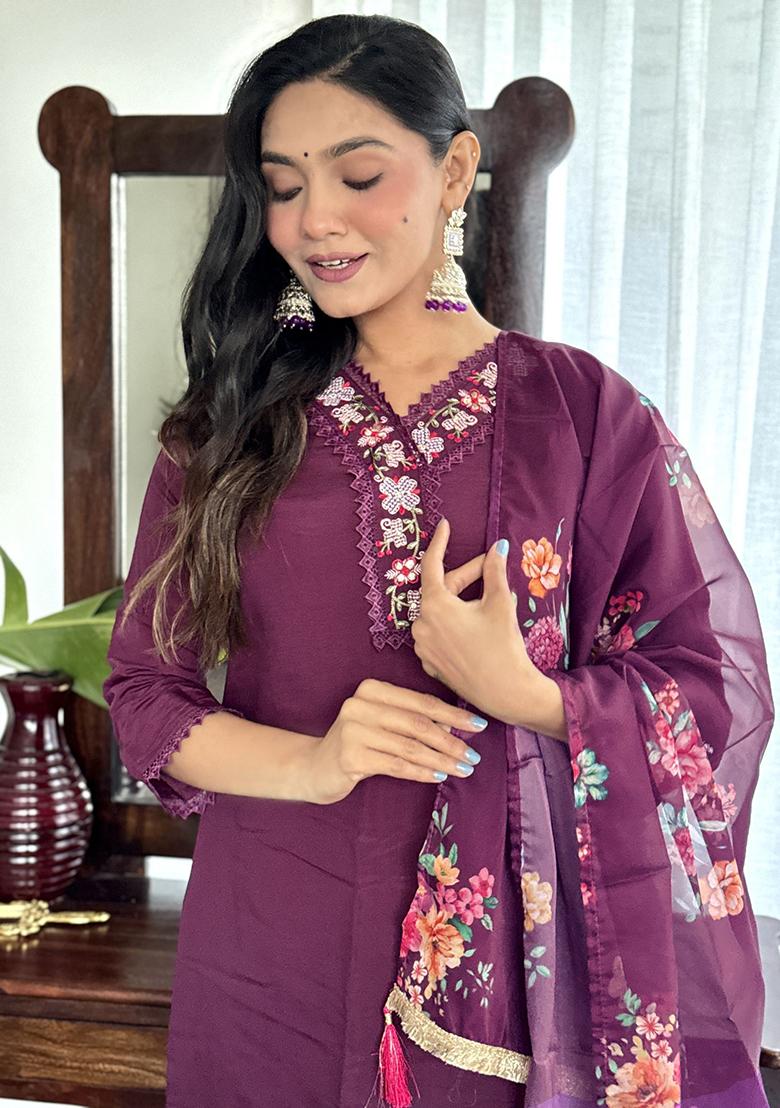 Purple Embroidered Silk Kurta Set