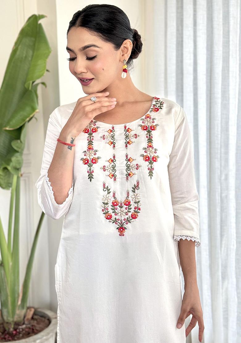 White Embroidered Silk Kurta Set