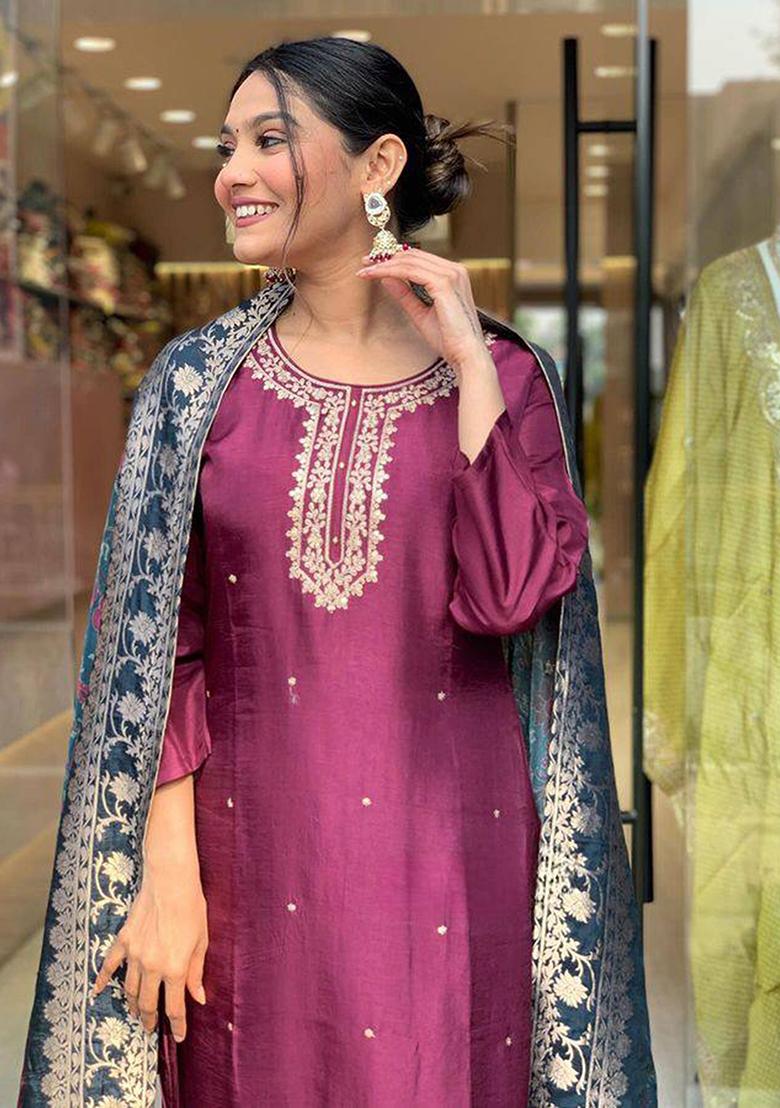 Purple Embroidered Rayon Kurta Set