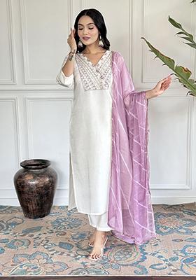 White Embroidered Silk Kurta Set