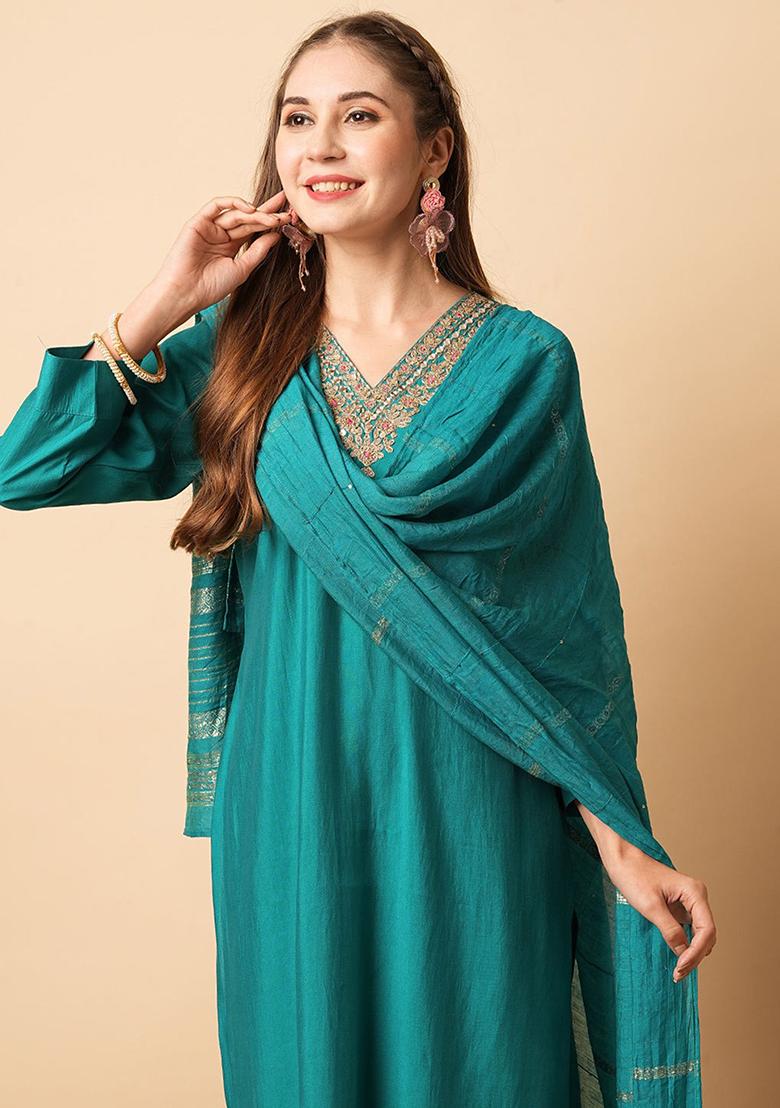 Blue Embroidered Silk Kurta Set