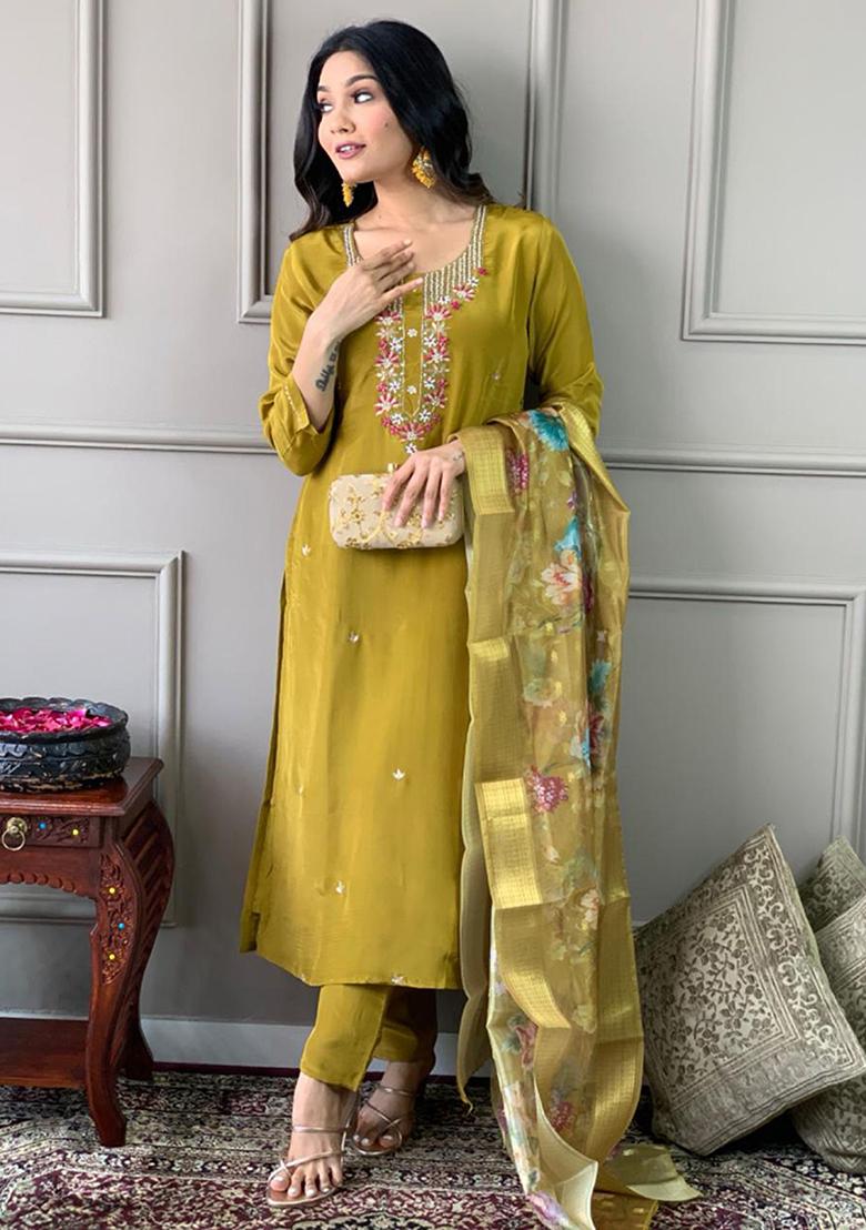 Yellow Embroidered Silk Kurta Set