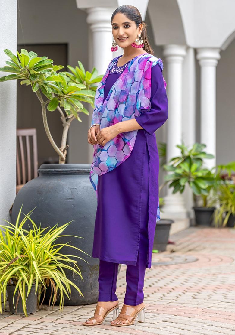 Purple Embroidered Rayon Kurta Set