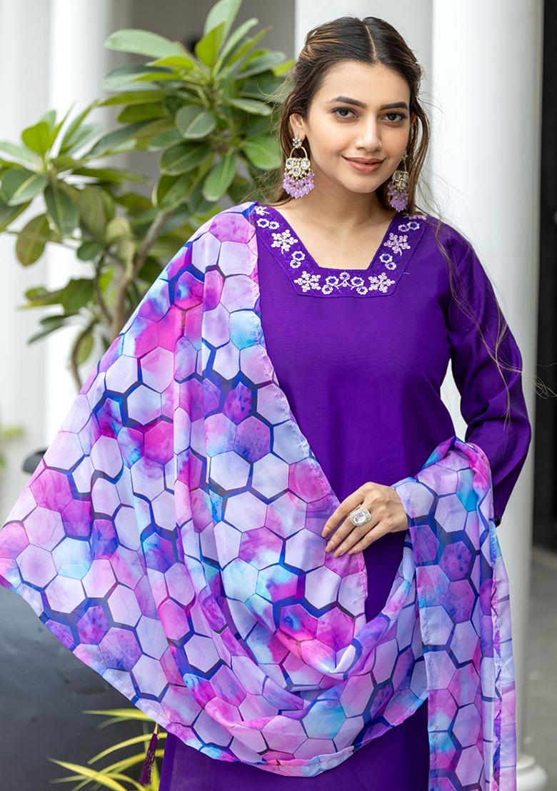 Purple Embroidered Rayon Kurta Set