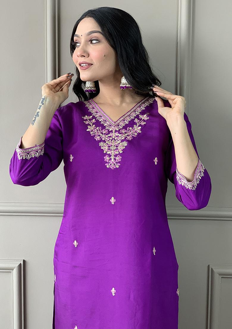 Purple Embroidered Silk Kurta Set