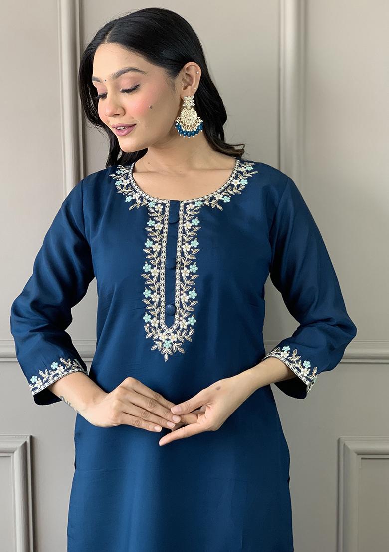 Blue Embroidered Silk Kurta Set