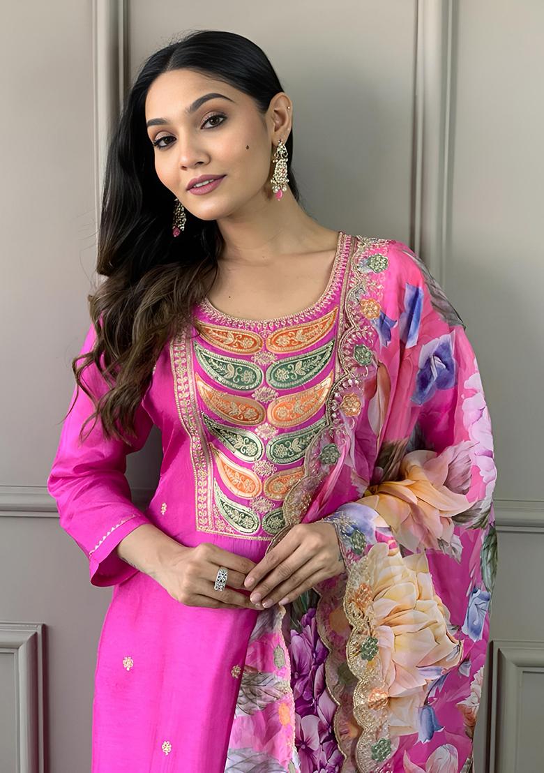 Pink Embroidered Silk Kurta Set