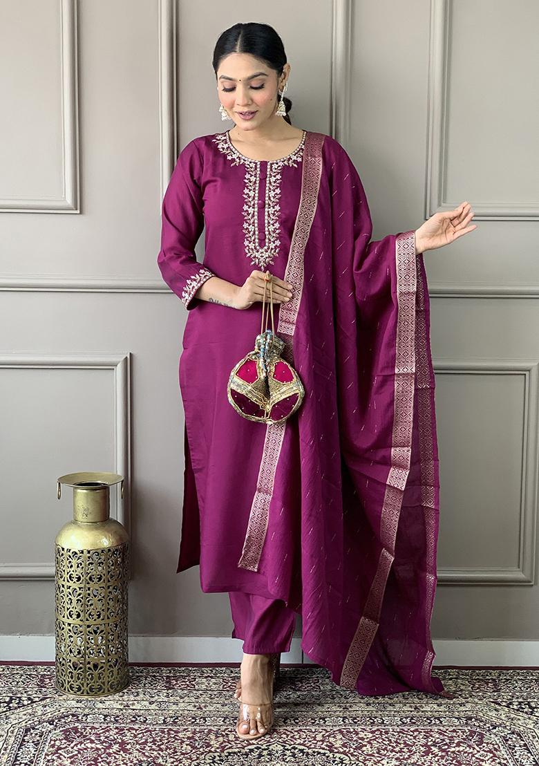 Purple Embroidered Silk Kurta Set