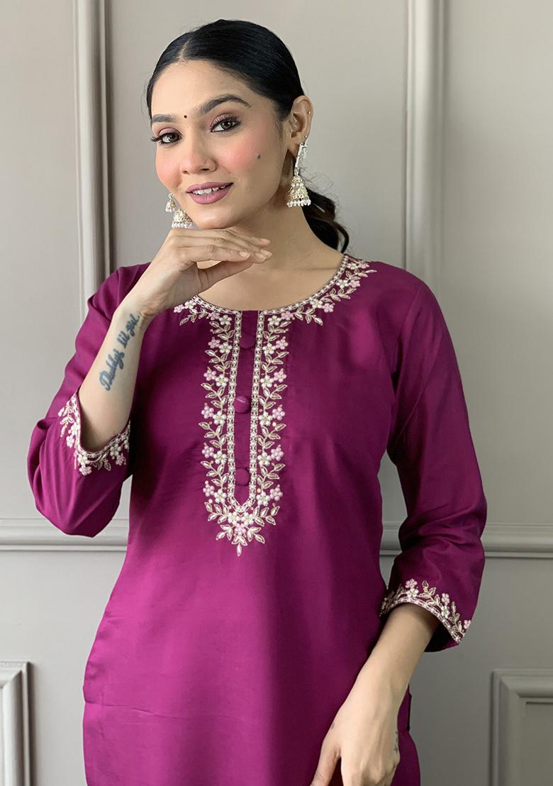 Purple Embroidered Silk Kurta Set