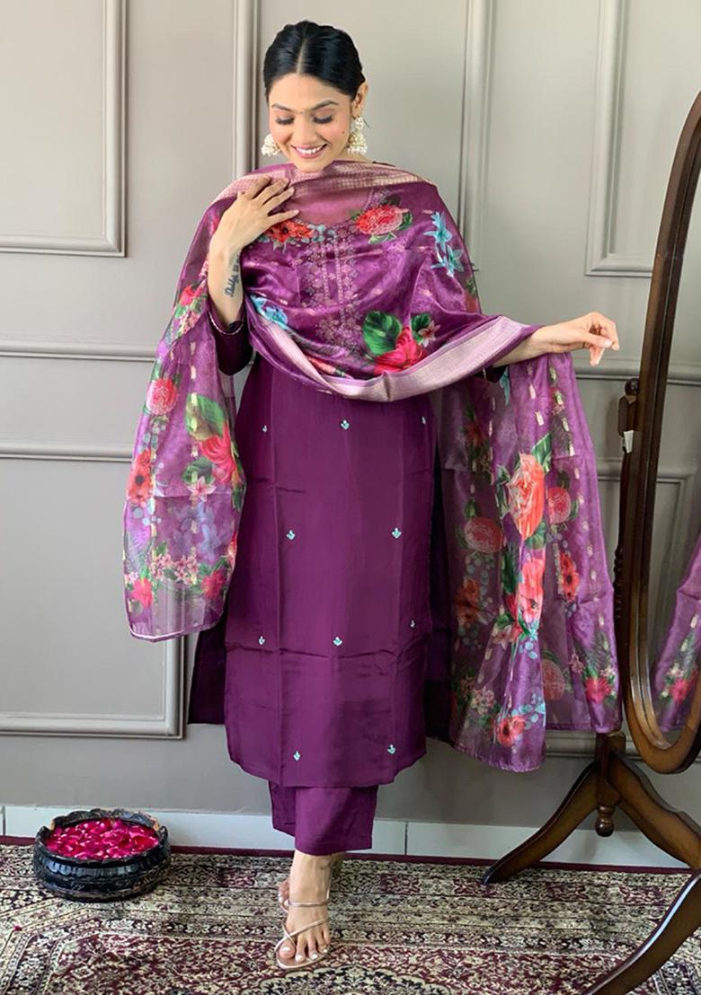 Purple Embroidered Silk Kurta Set