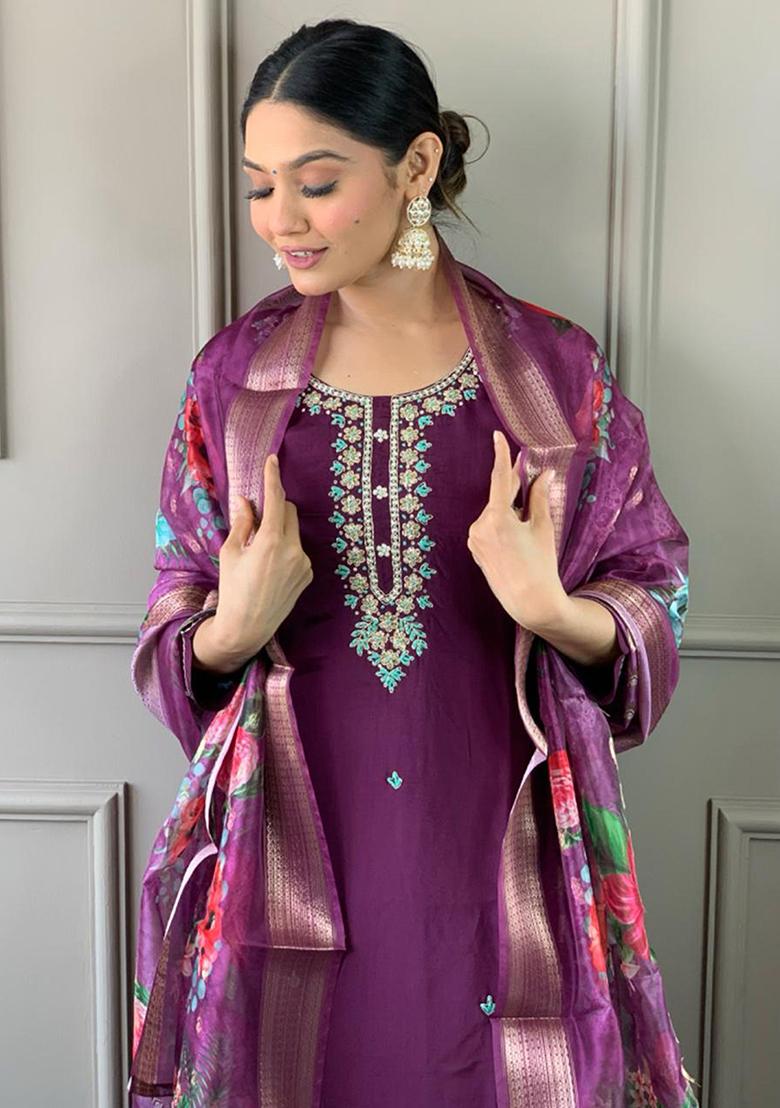 Purple Embroidered Silk Kurta Set
