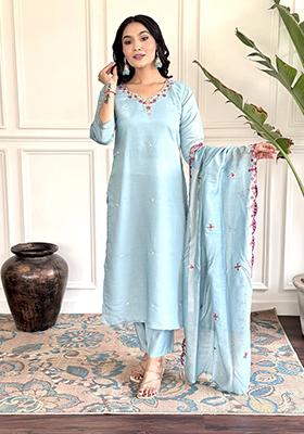Sky Blue Embroidered Silk Kurta Set