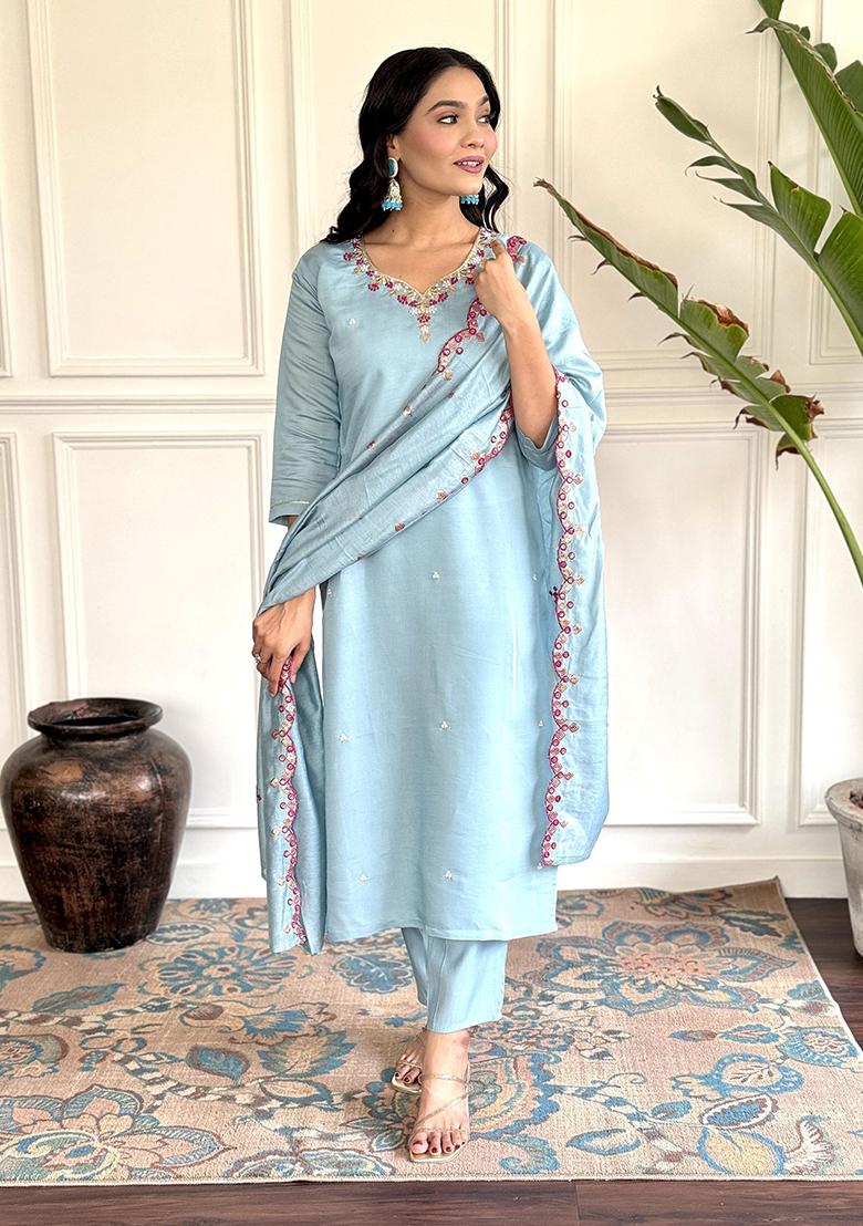 Sky Blue Embroidered Silk Kurta Set