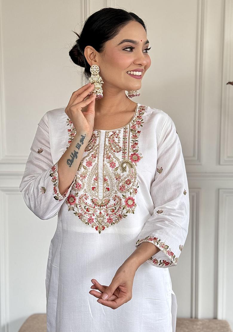 White Embroidered Silk Kurta Set