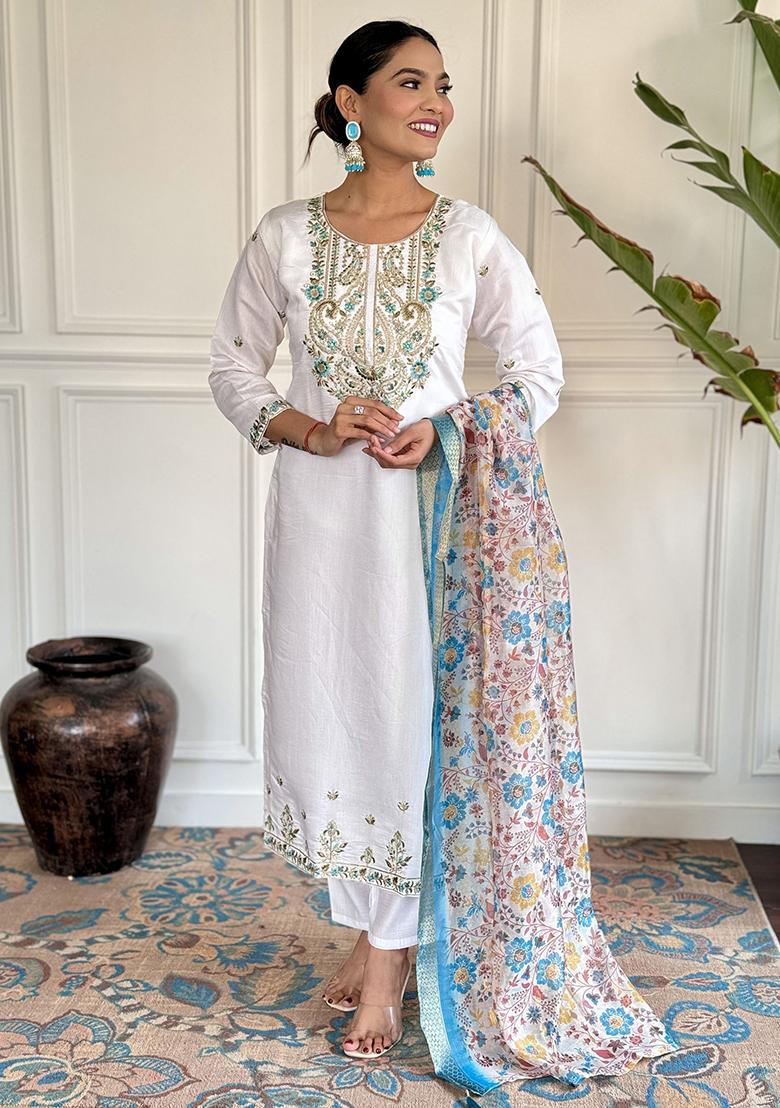 White Embroidered Silk Kurta Set
