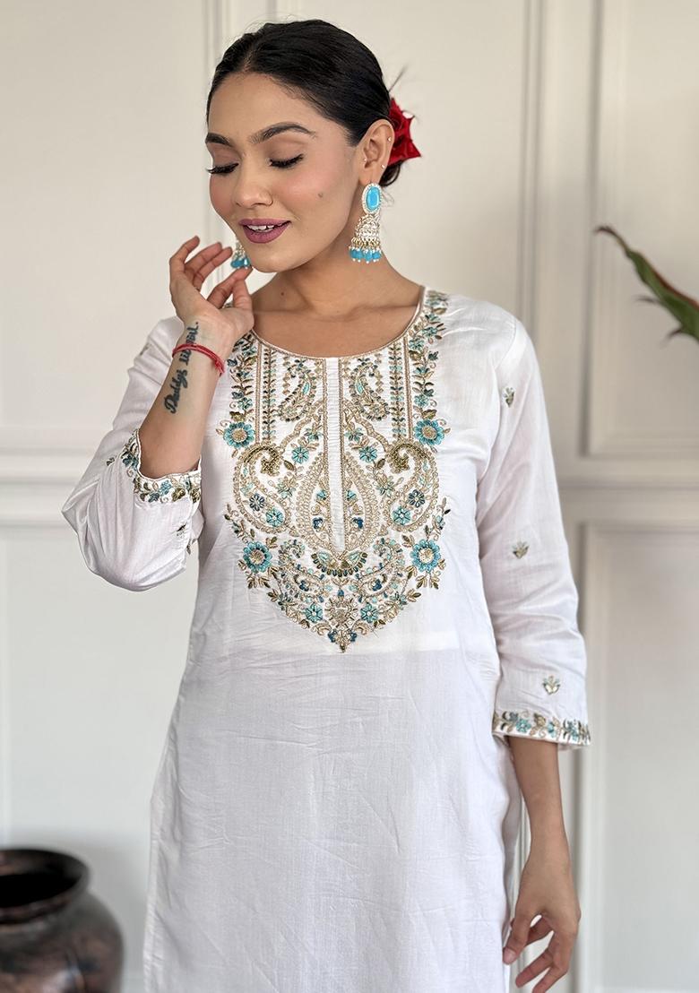 White Embroidered Silk Kurta Set