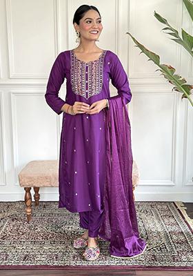 Purple Embroidered Rayon Kurta Set