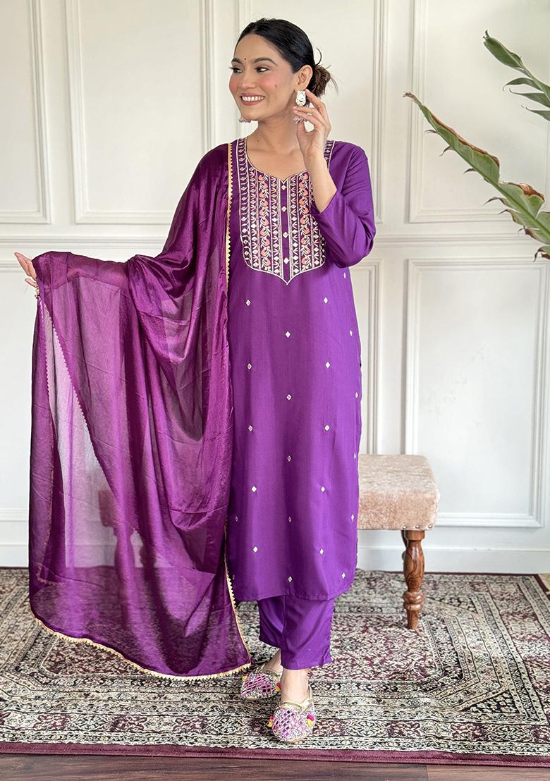 Purple Embroidered Rayon Kurta Set