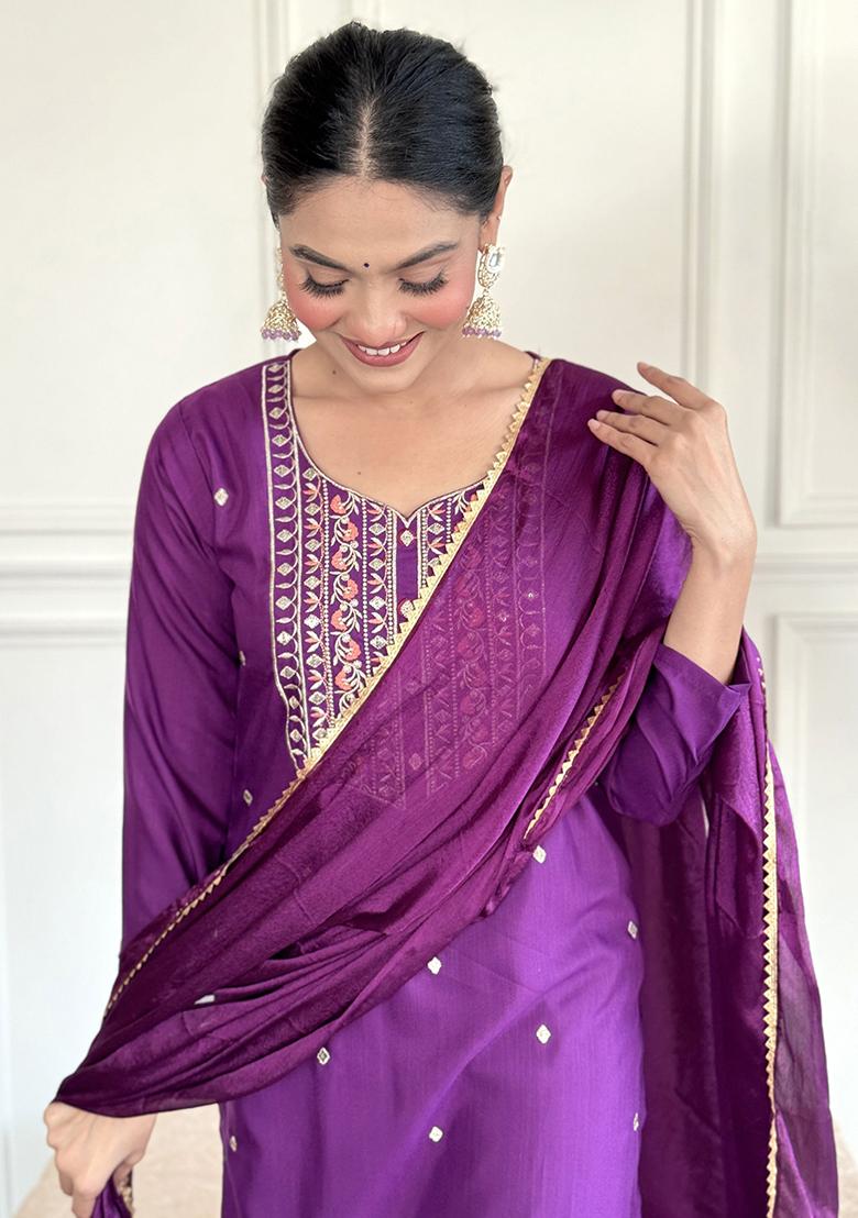 Purple Embroidered Rayon Kurta Set