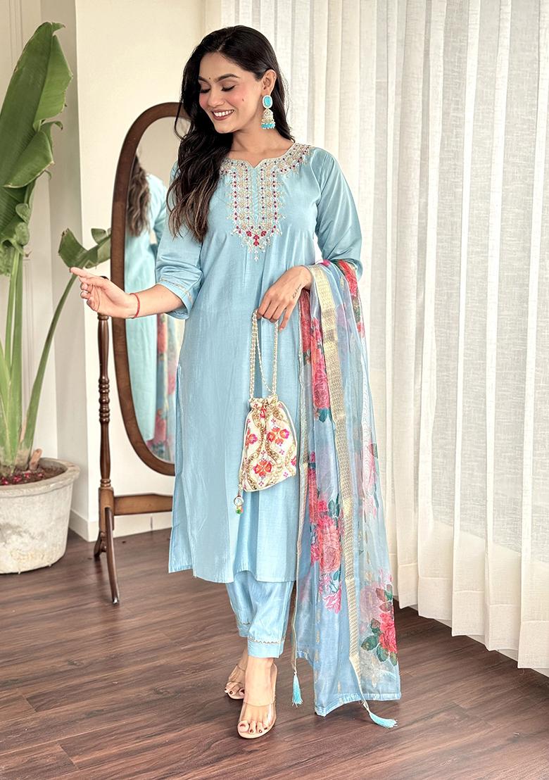 Sky Blue Embroidered Silk Kurta Set