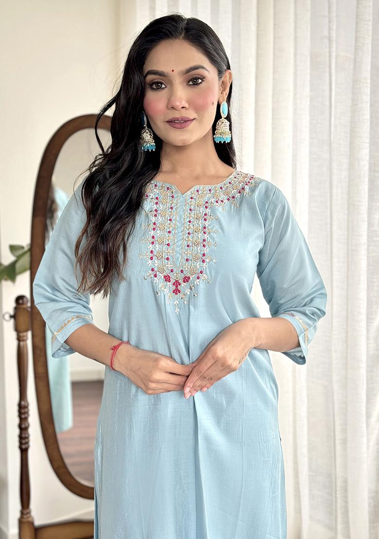 Sky Blue Embroidered Silk Kurta Set
