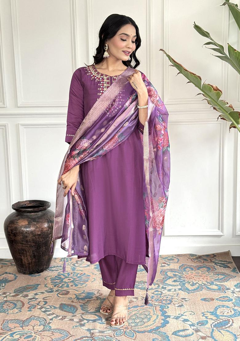 Purple Embroidered Silk Kurta Set