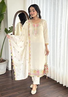 Cream Embroidered Silk Kurta Set
