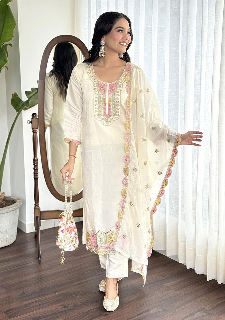 Cream Embroidered Silk Kurta Set