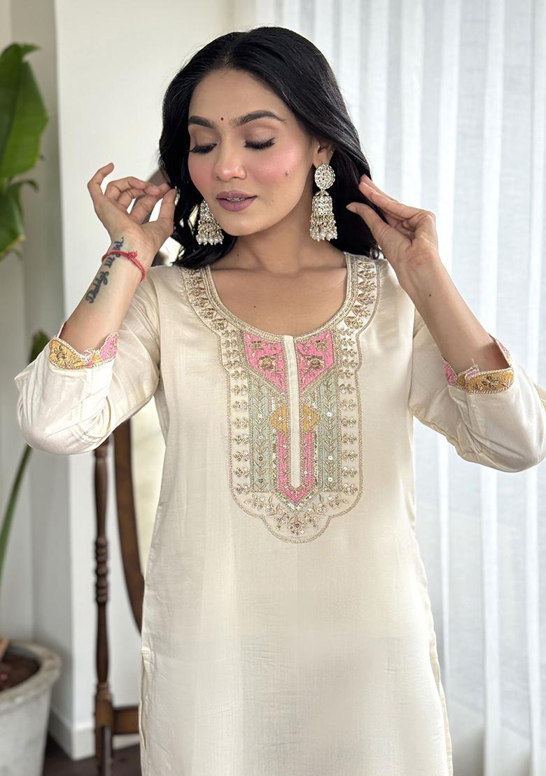 Cream Embroidered Silk Kurta Set