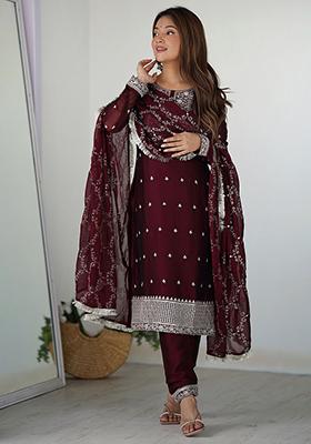 Maroon Embroidered Silk Kurta Set