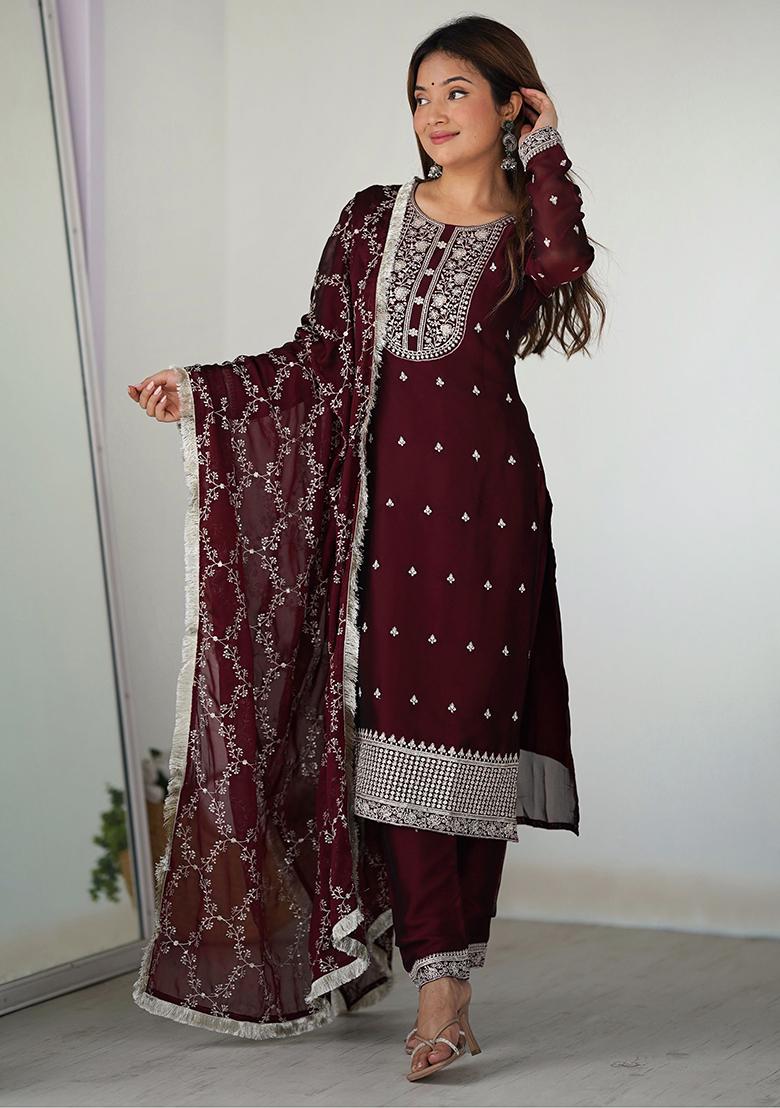 Maroon Embroidered Silk Kurta Set